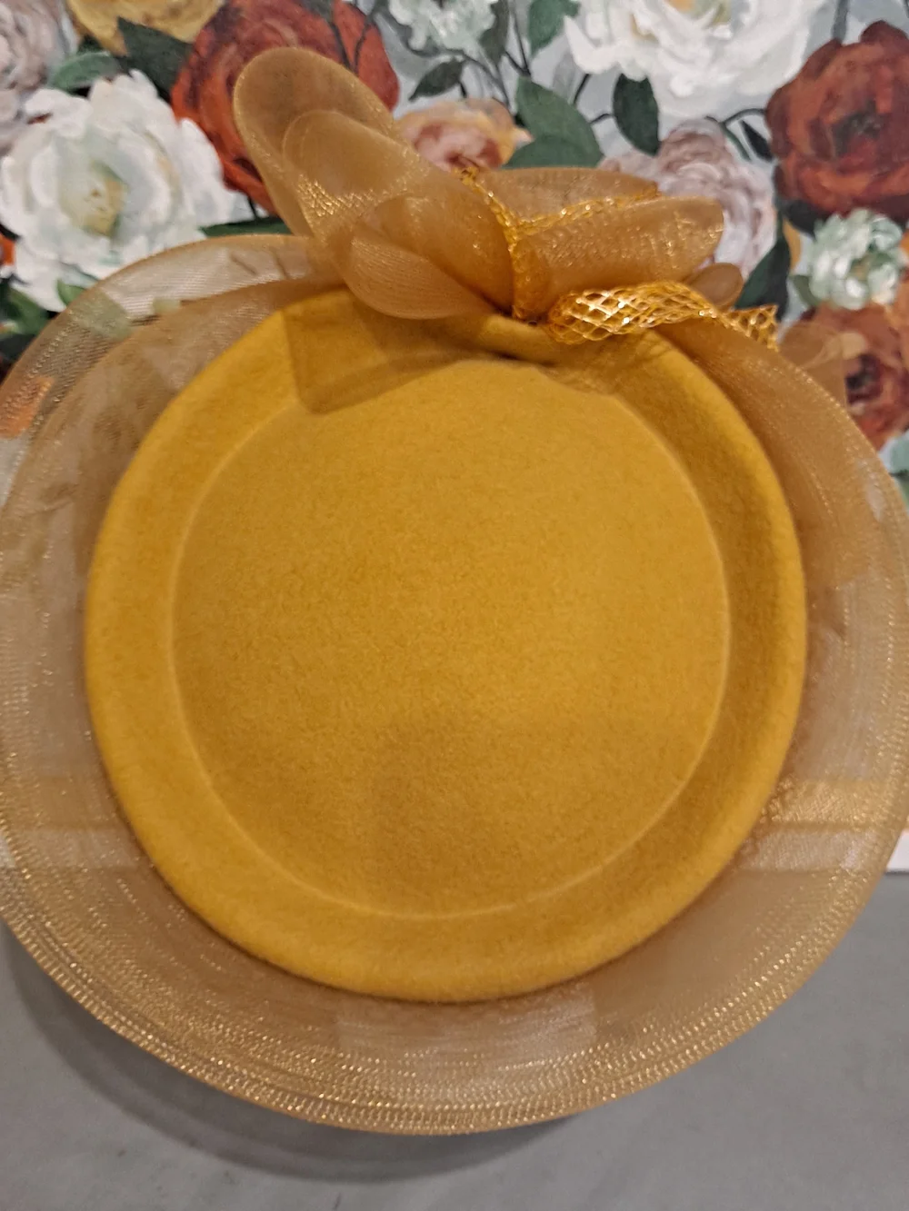 Deborah NY Vintage Wool Gold Fascinator Hat W/Bow Fishnet Mesh Derby High Tea